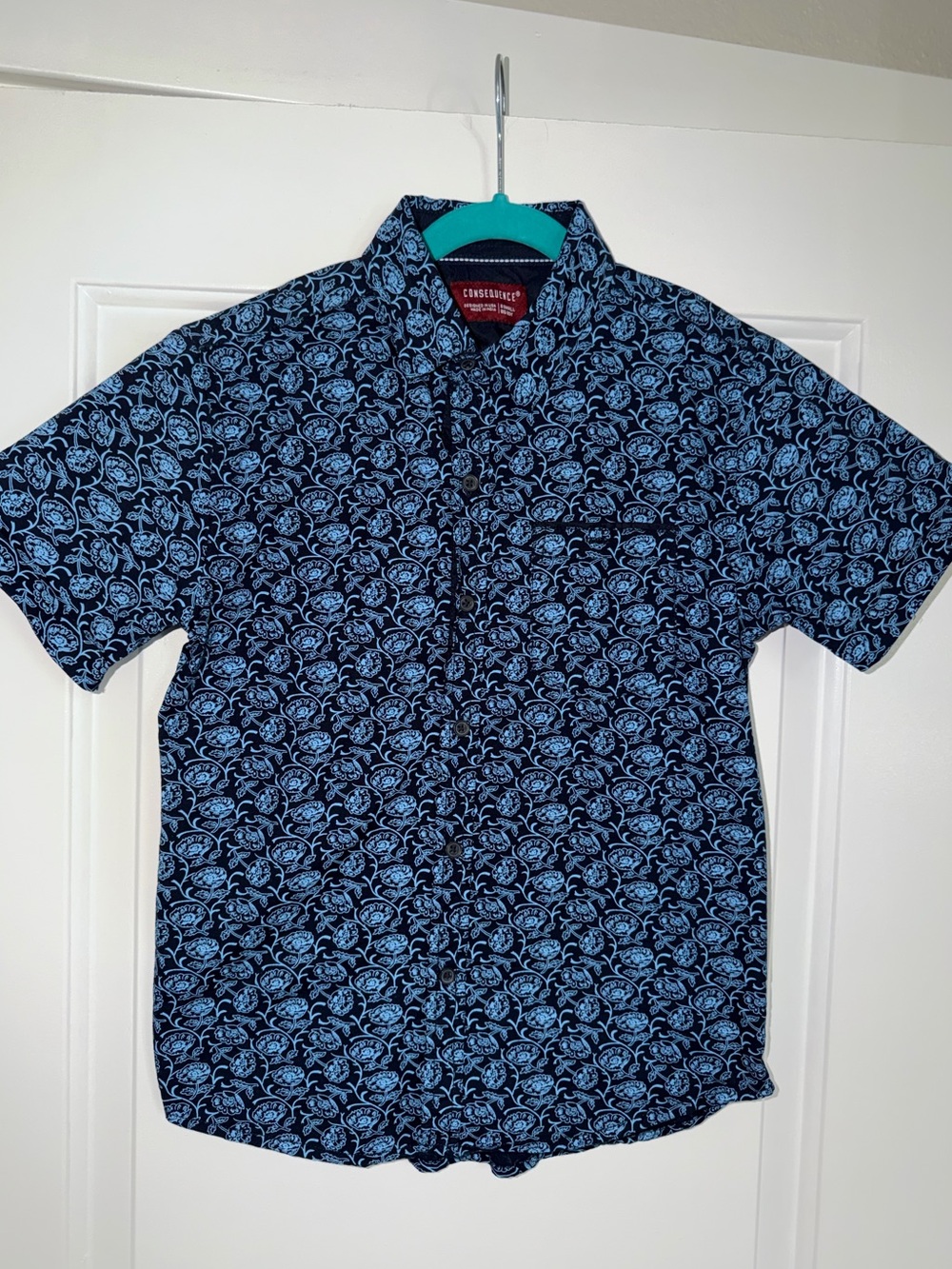 Consequence Navy Short-Sleeve Button-Down Shirt with Light Blue Floral Pattern